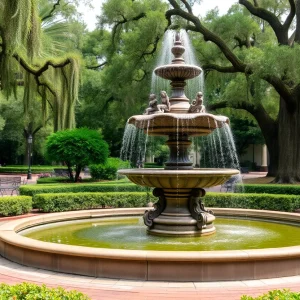 Iconic Forsyth Park Fountain surrounded by greenery