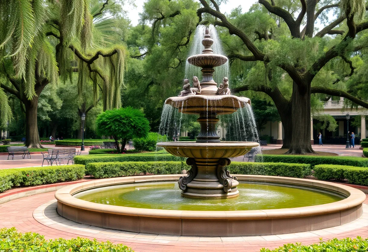 Iconic Forsyth Park Fountain surrounded by greenery
