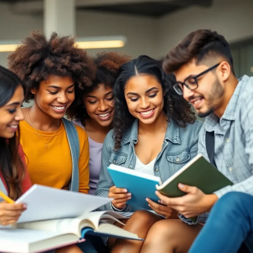 Group of diverse young adults engaged in study at university.