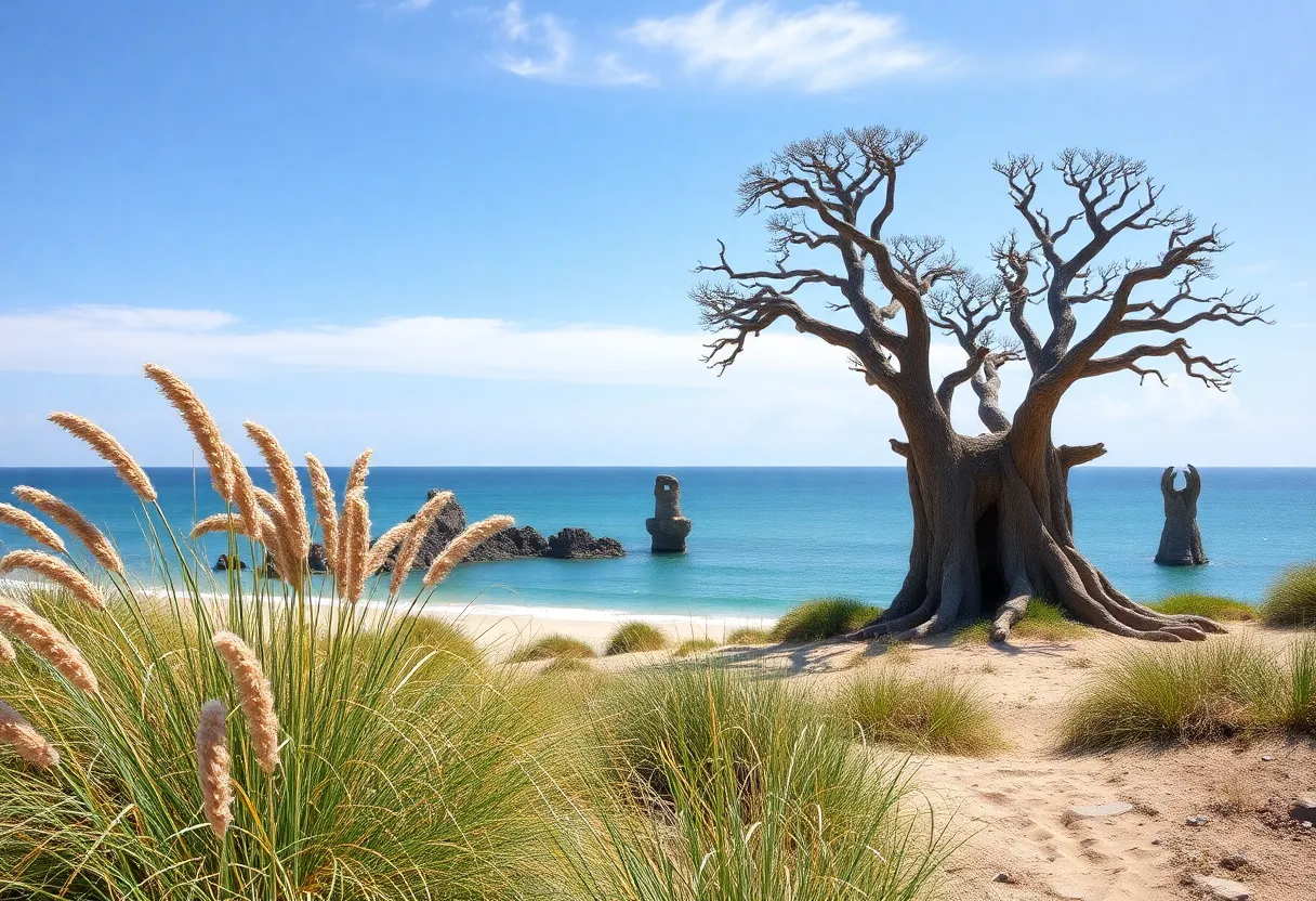 Scenic view of Georgia's coastline with tree sculptures and marshland