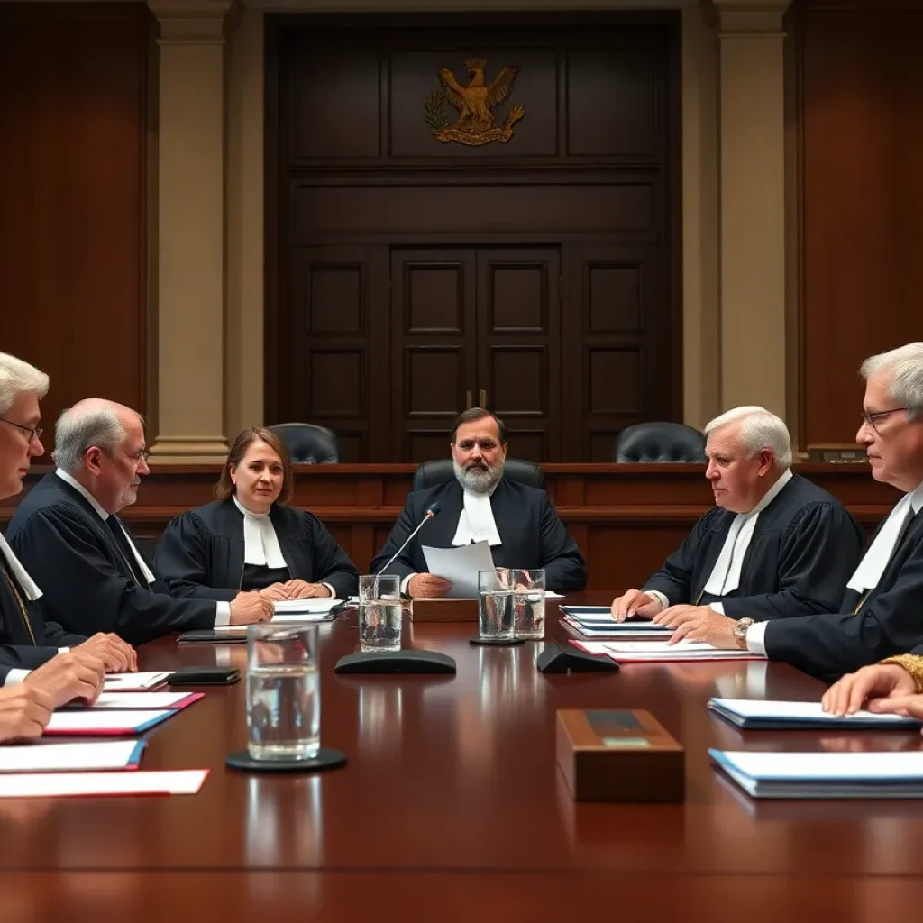 Judges discussing policies in a courtroom setting