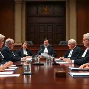 Judges discussing policies in a courtroom setting