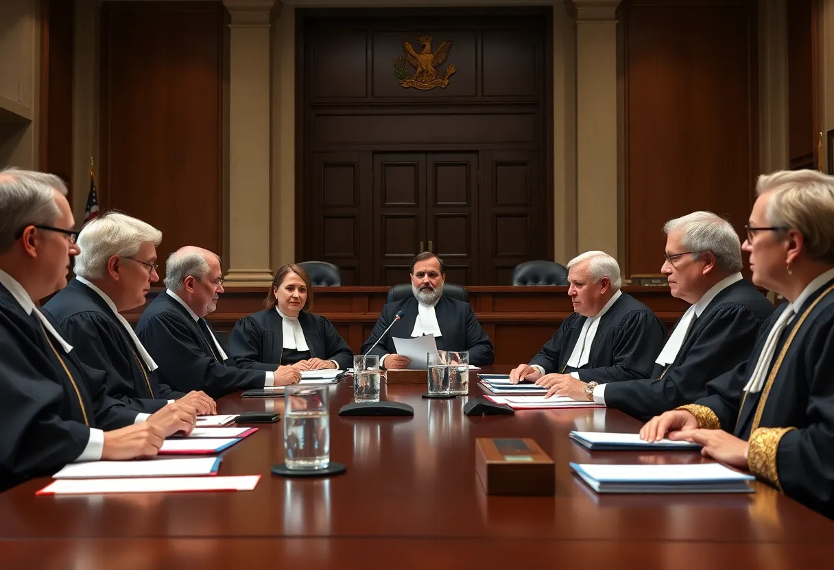 Judges discussing policies in a courtroom setting