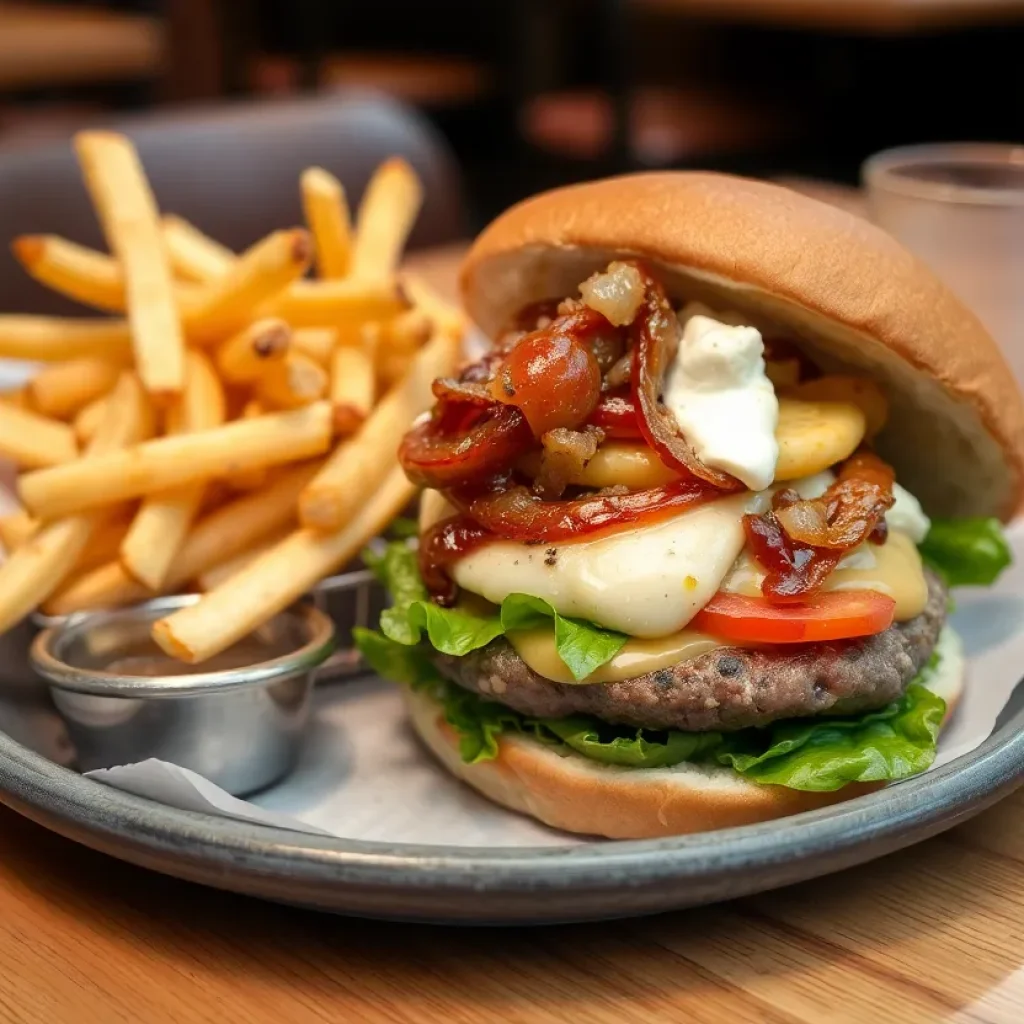 A mouthwatering gourmet burger with fries at Green Truck Pub in Savannah