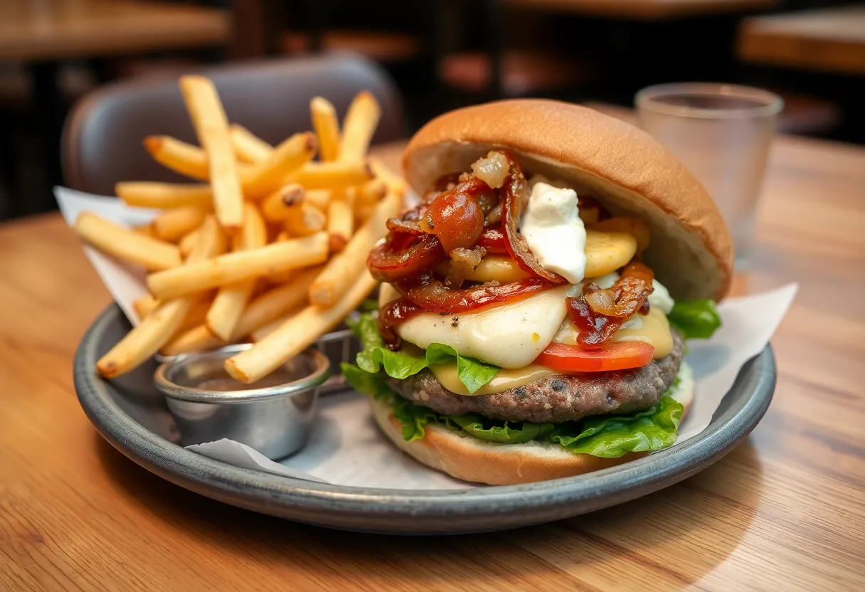 A mouthwatering gourmet burger with fries at Green Truck Pub in Savannah