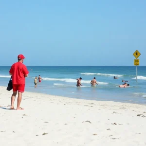 A beach scene at Hilton Head Island showing lifeguards and beachgoers
