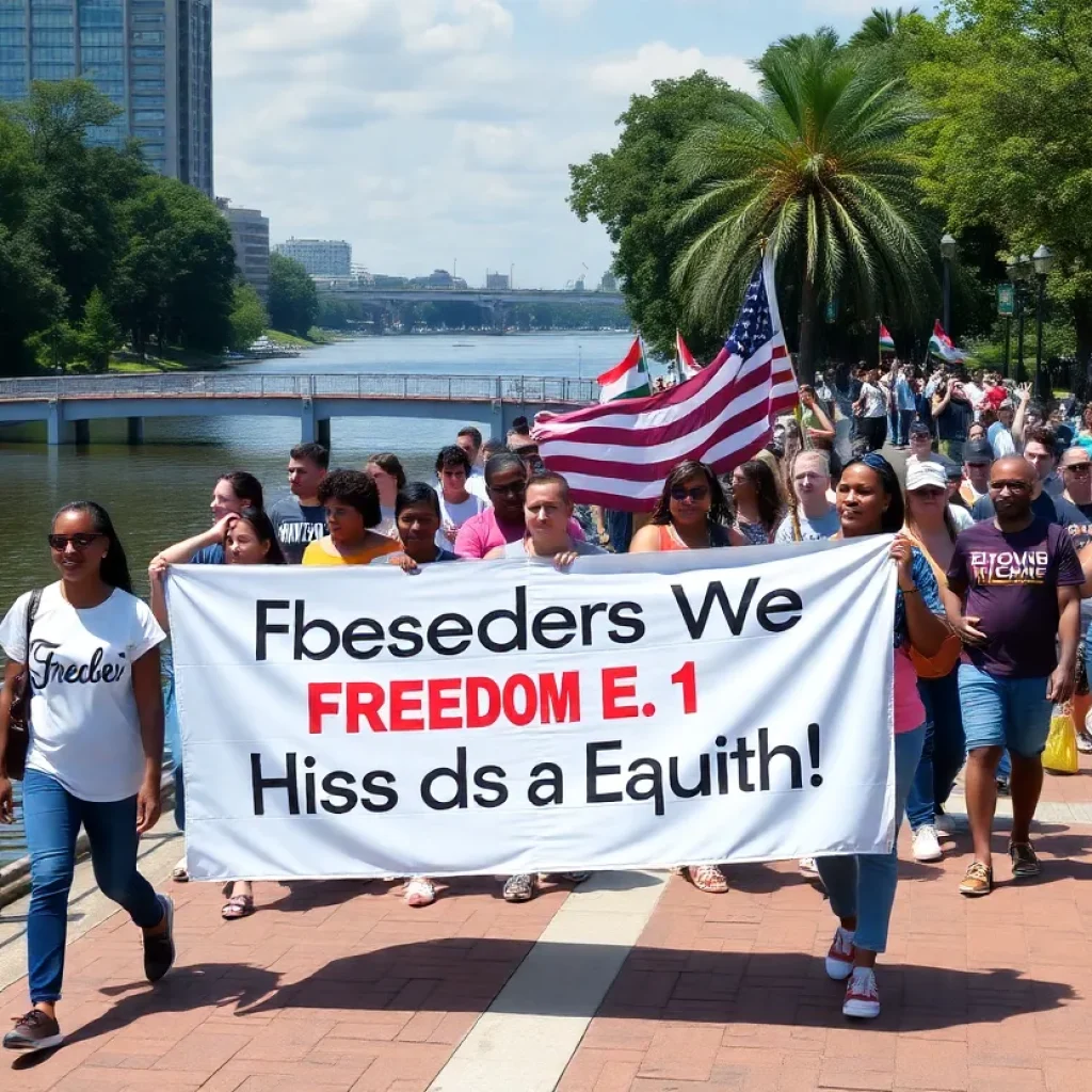 Community members participating in the Juneteenth Walk along the Savannah River
