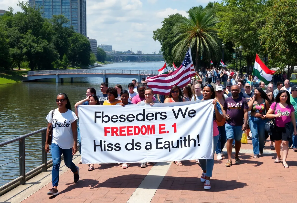 Community members participating in the Juneteenth Walk along the Savannah River