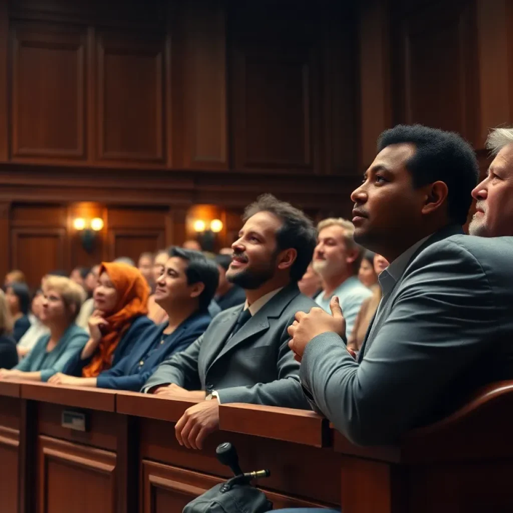 Theatrical performance in a courtroom setting showcasing audience engagement.