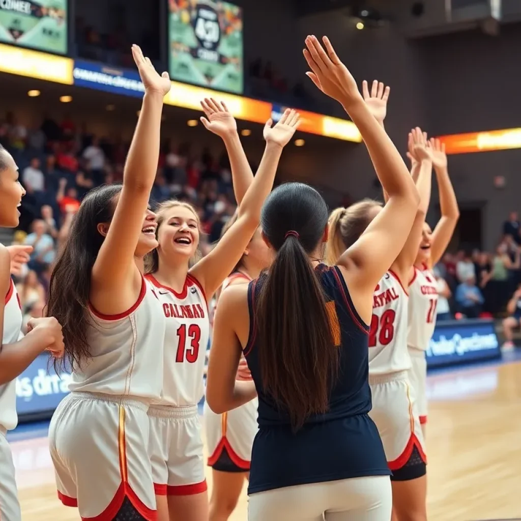 Women’s basketball team celebrating on court