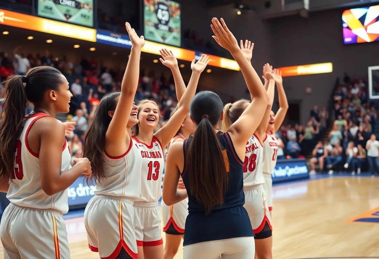 Women’s basketball team celebrating on court