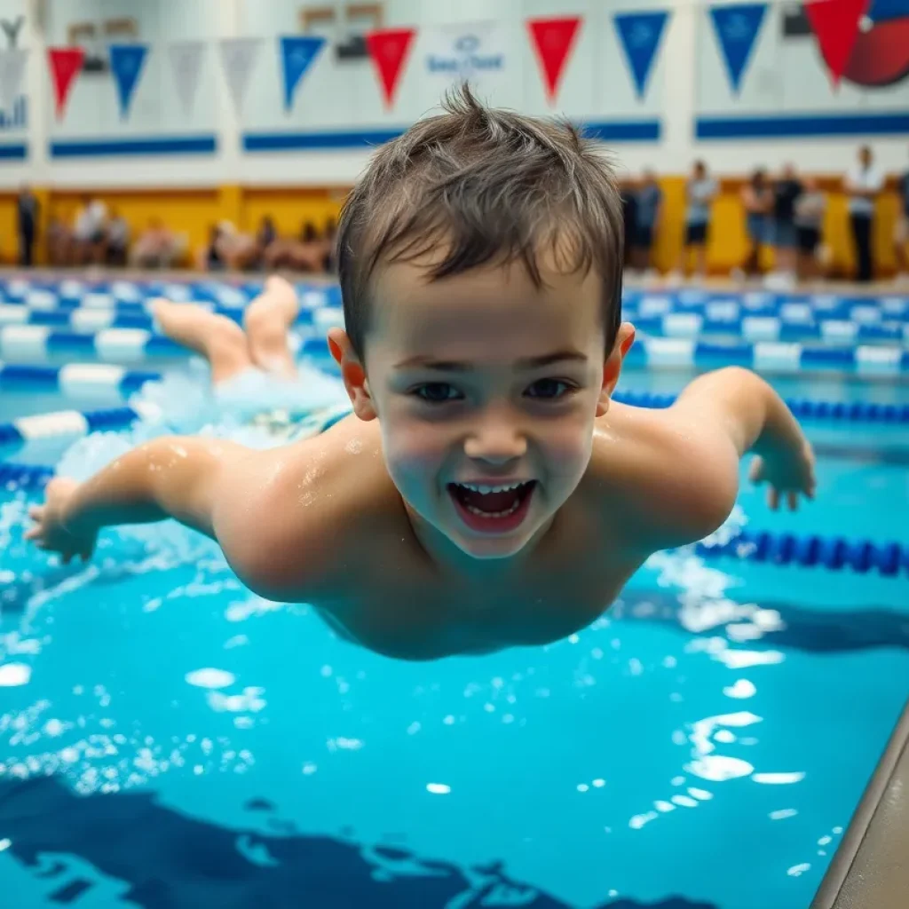 Young swimmer diving into the pool during competition