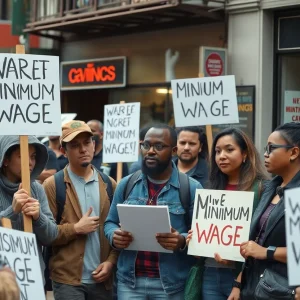 Diverse workers advocating for higher minimum wage in an urban setting.