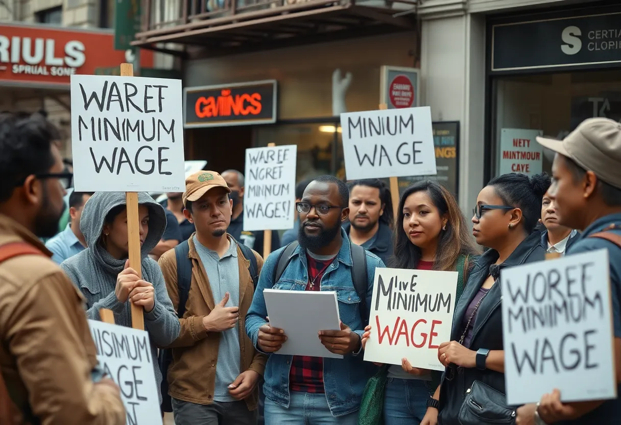 Diverse workers advocating for higher minimum wage in an urban setting.