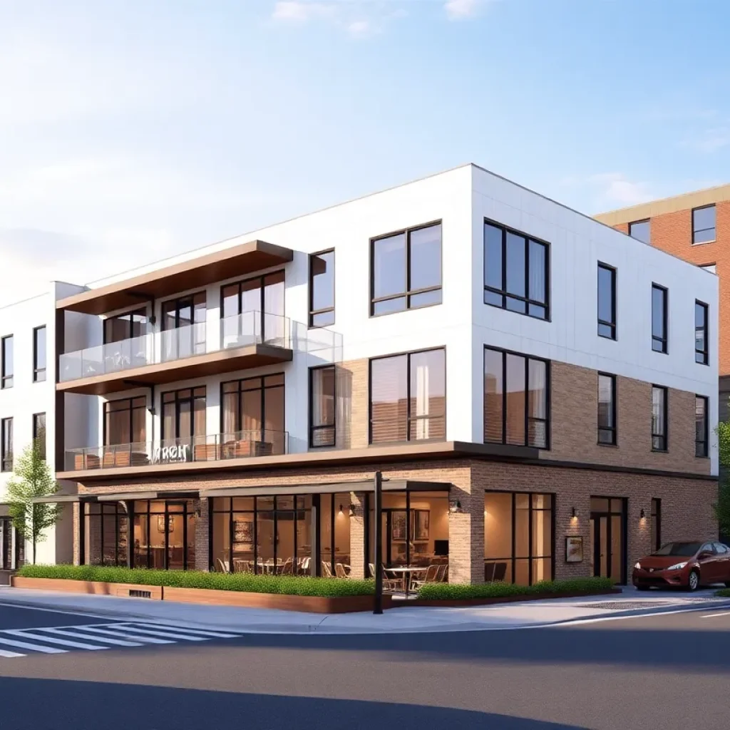 Artist rendering of a mixed-use development in Savannah featuring a restaurant and residential units.