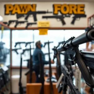Interior view of a pawn shop showcasing firearms with safety signs.