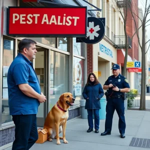 A street view of a veterinary hospital with a police presence indicating an ongoing investigation