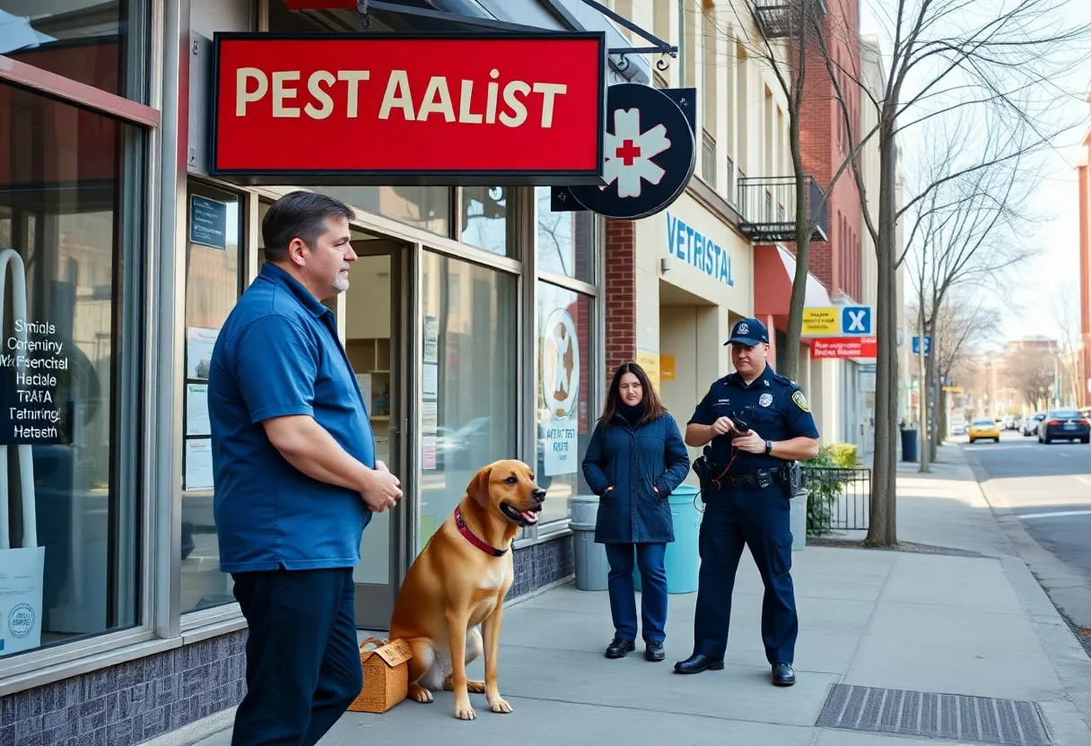 A street view of a veterinary hospital with a police presence indicating an ongoing investigation