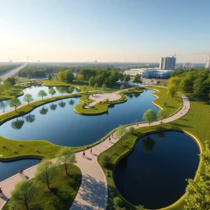 Concept art of Savannah's Canal District showcasing parks and paths