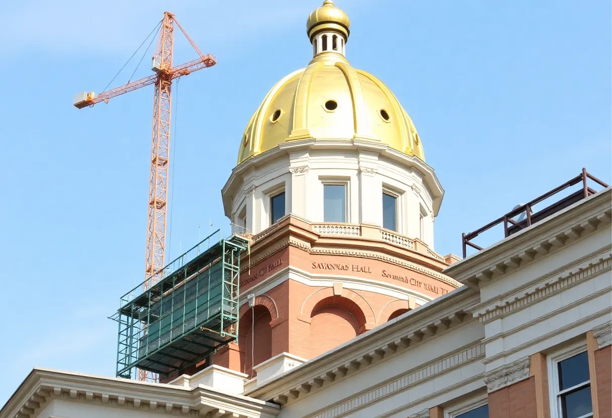 Savannah City Hall undergoing restoration with construction elements visible.