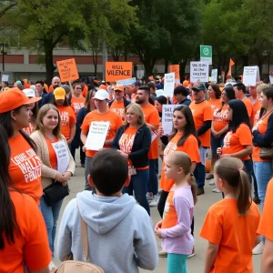 Community members participating in National Gun Violence Awareness Day event in Savannah, wearing orange and engaging in educational activities.