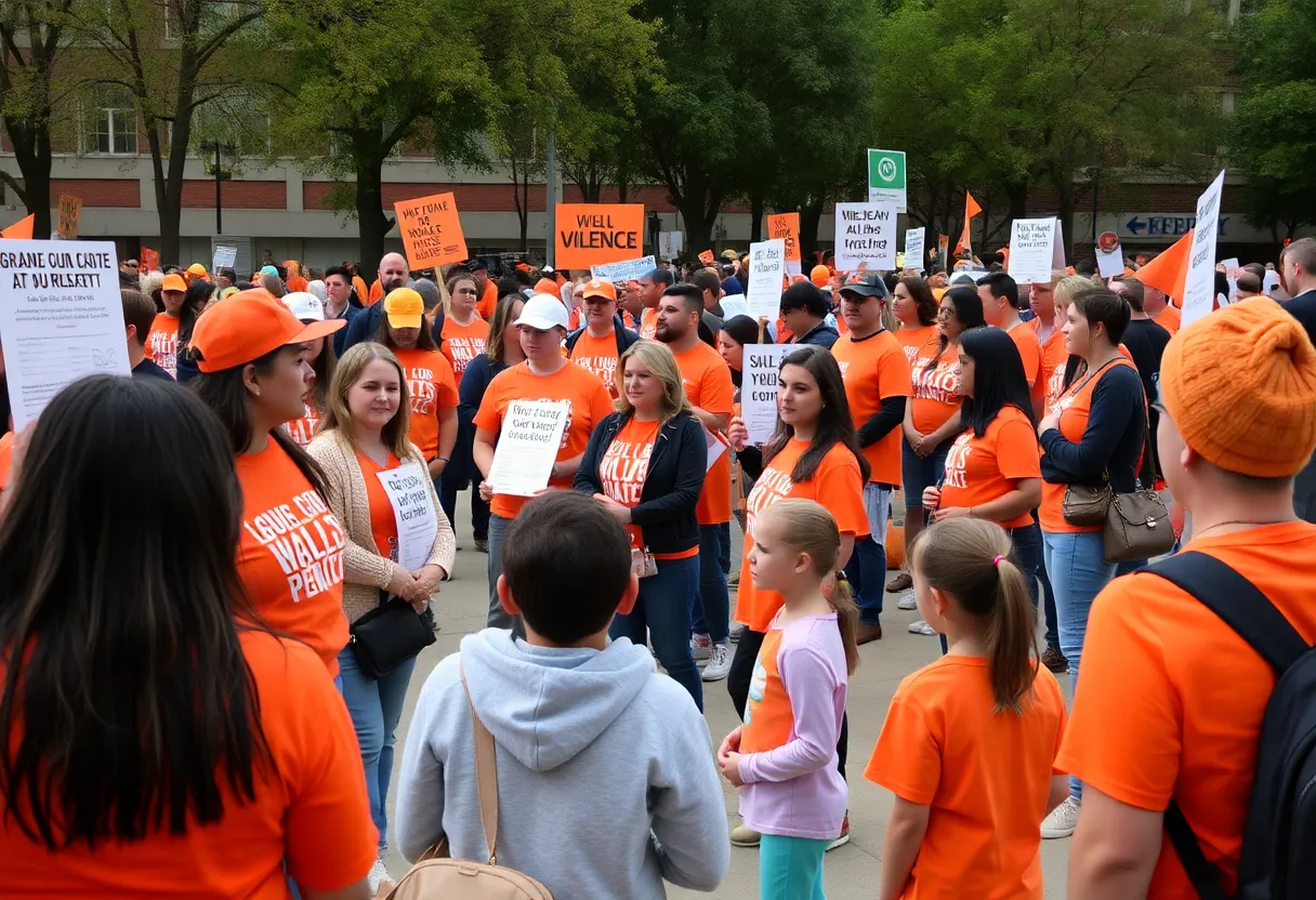 Community members participating in National Gun Violence Awareness Day event in Savannah, wearing orange and engaging in educational activities.