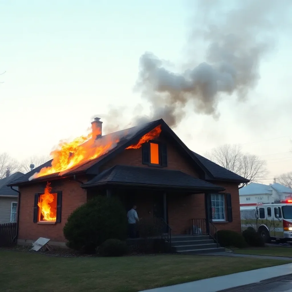A house engulfed in flames surrounded by emergency responders.