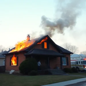 A house engulfed in flames surrounded by emergency responders.