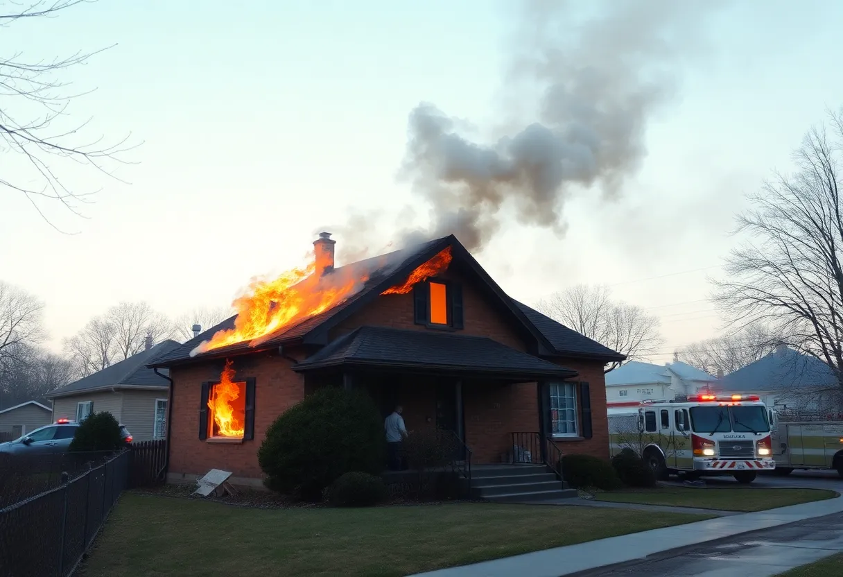 A house engulfed in flames surrounded by emergency responders.