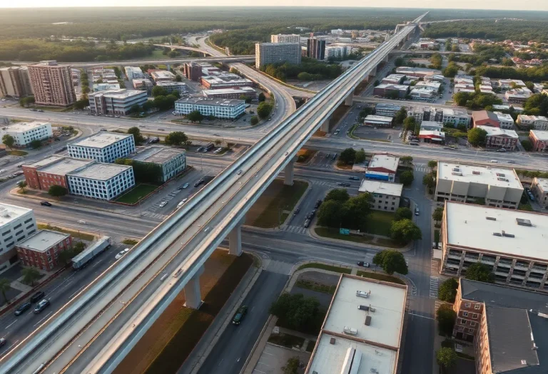 Aerial view of Savannah showcasing infrastructure improvement projects.
