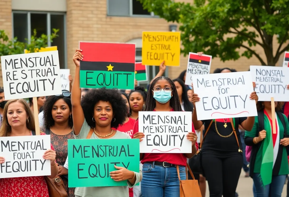 Community members rallying at Beach High School advocating for the elimination of menstrual product tax.