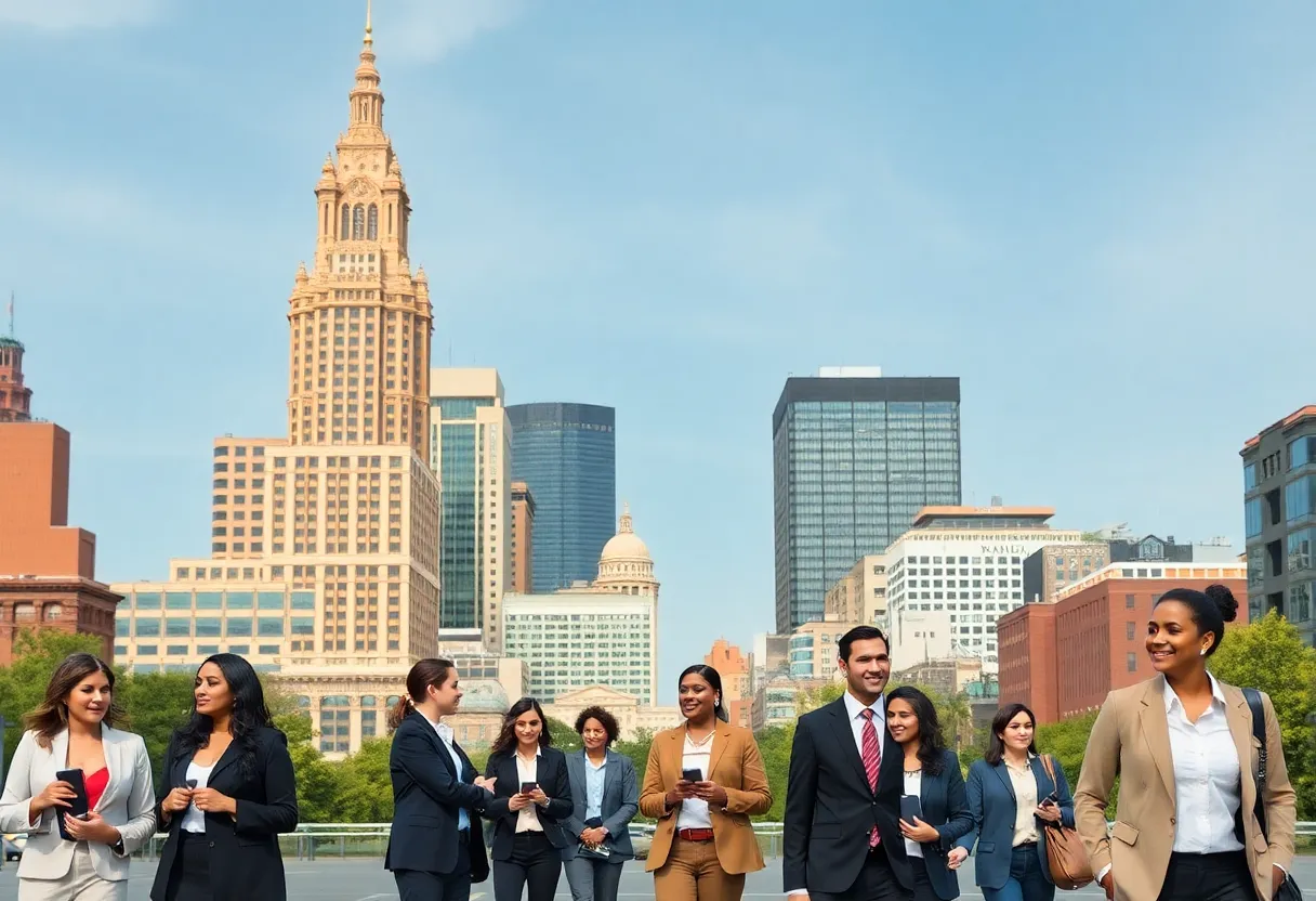Cityscape of Savannah showcasing management professionals in various industries