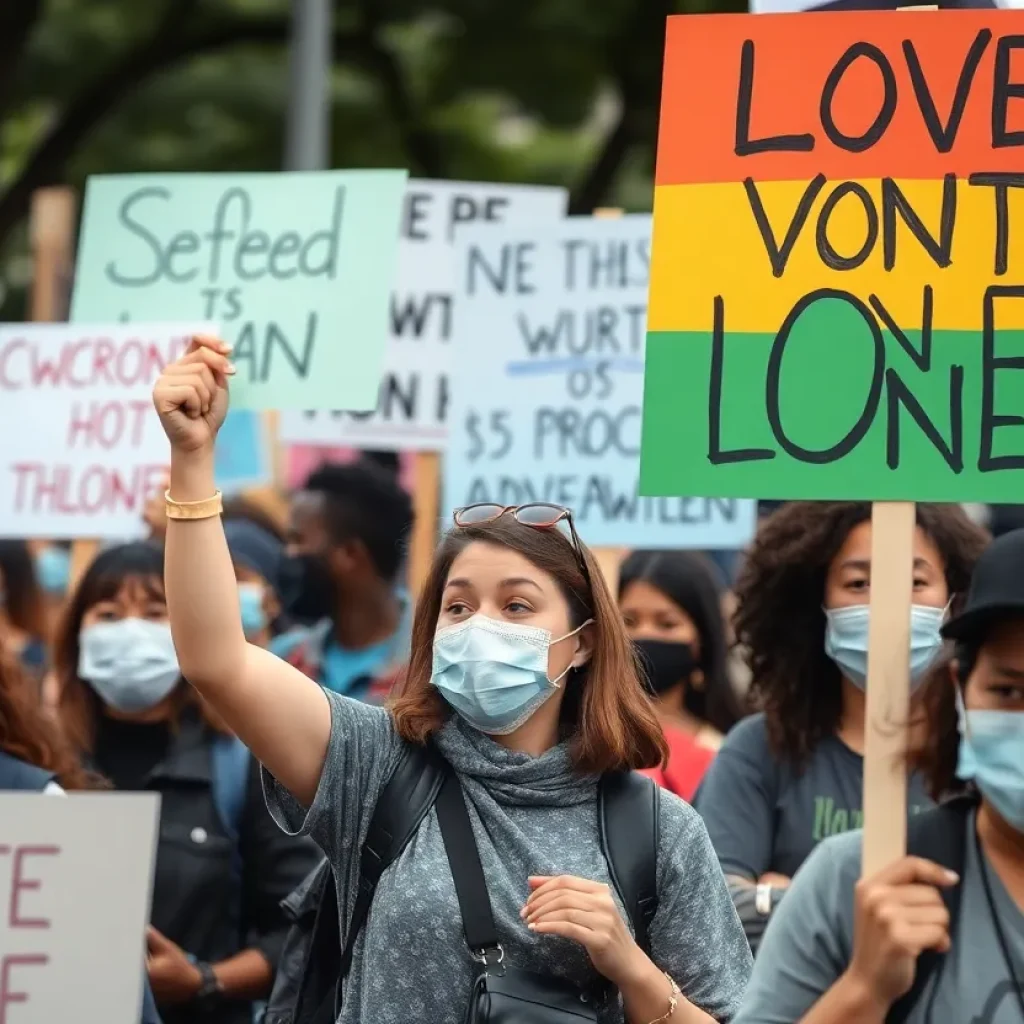 Peaceful protest in Savannah displaying various signs and individuals wearing masks.