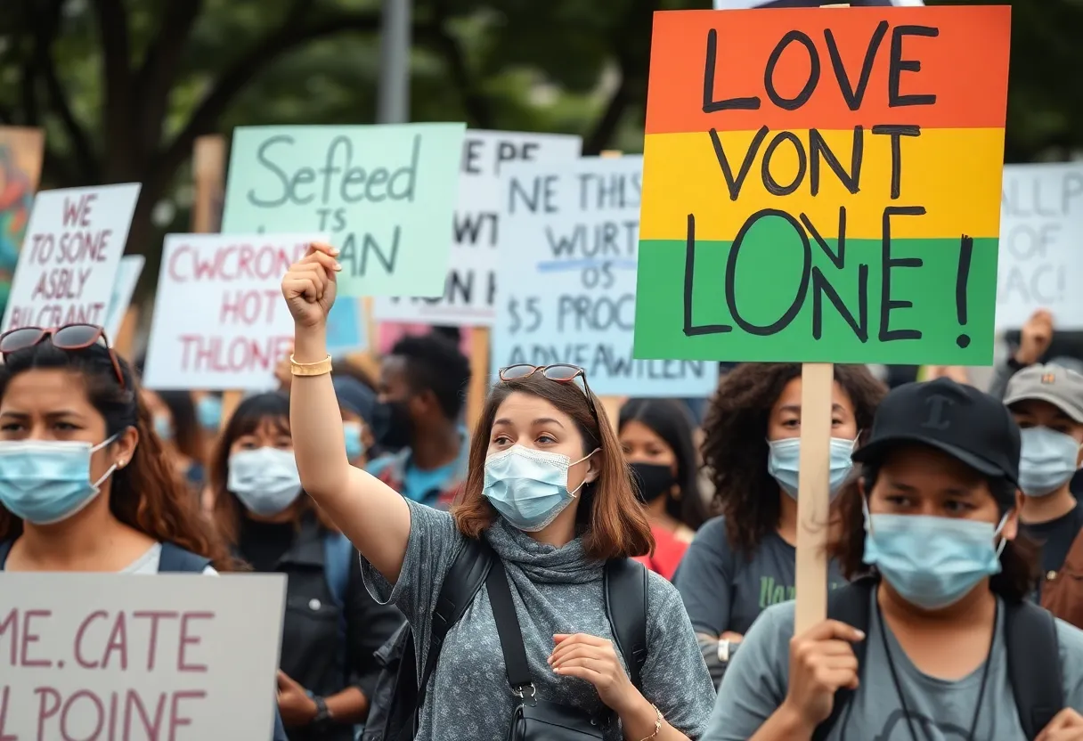 Peaceful protest in Savannah displaying various signs and individuals wearing masks.