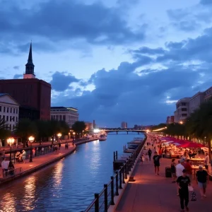 Revitalized Savannah riverfront with enhanced lighting and pedestrian areas.