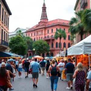 People enjoying events in Savannah, featuring historic buildings and festive activities.