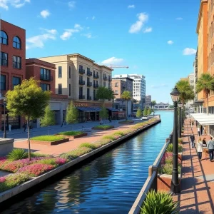 Artistic rendering of Savannah's waterfront revitalization project featuring pedestrians, new landscapes, and historic elements.