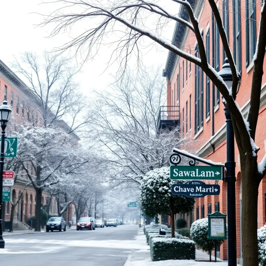 Snow covering Savannah's historic buildings and trees