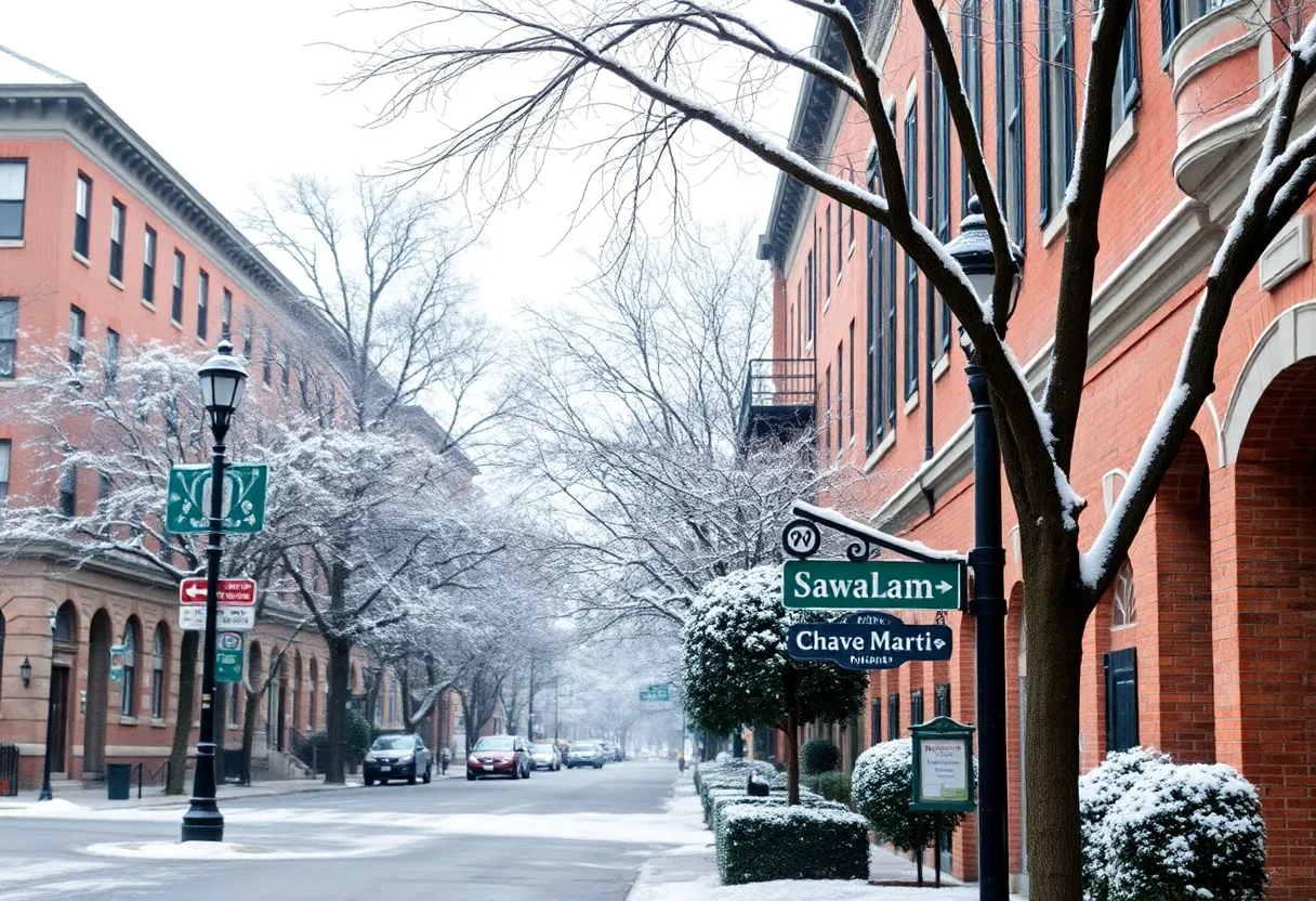 Snow covering Savannah's historic buildings and trees