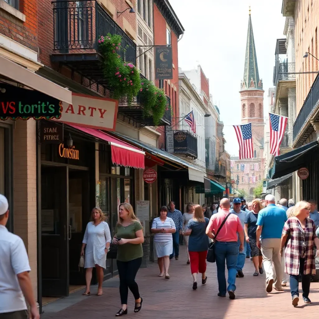A lively downtown Savannah filled with shops and people.