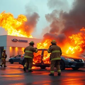 Firefighters controlling a vehicle fire at the AutoNation Volkswagen dealership