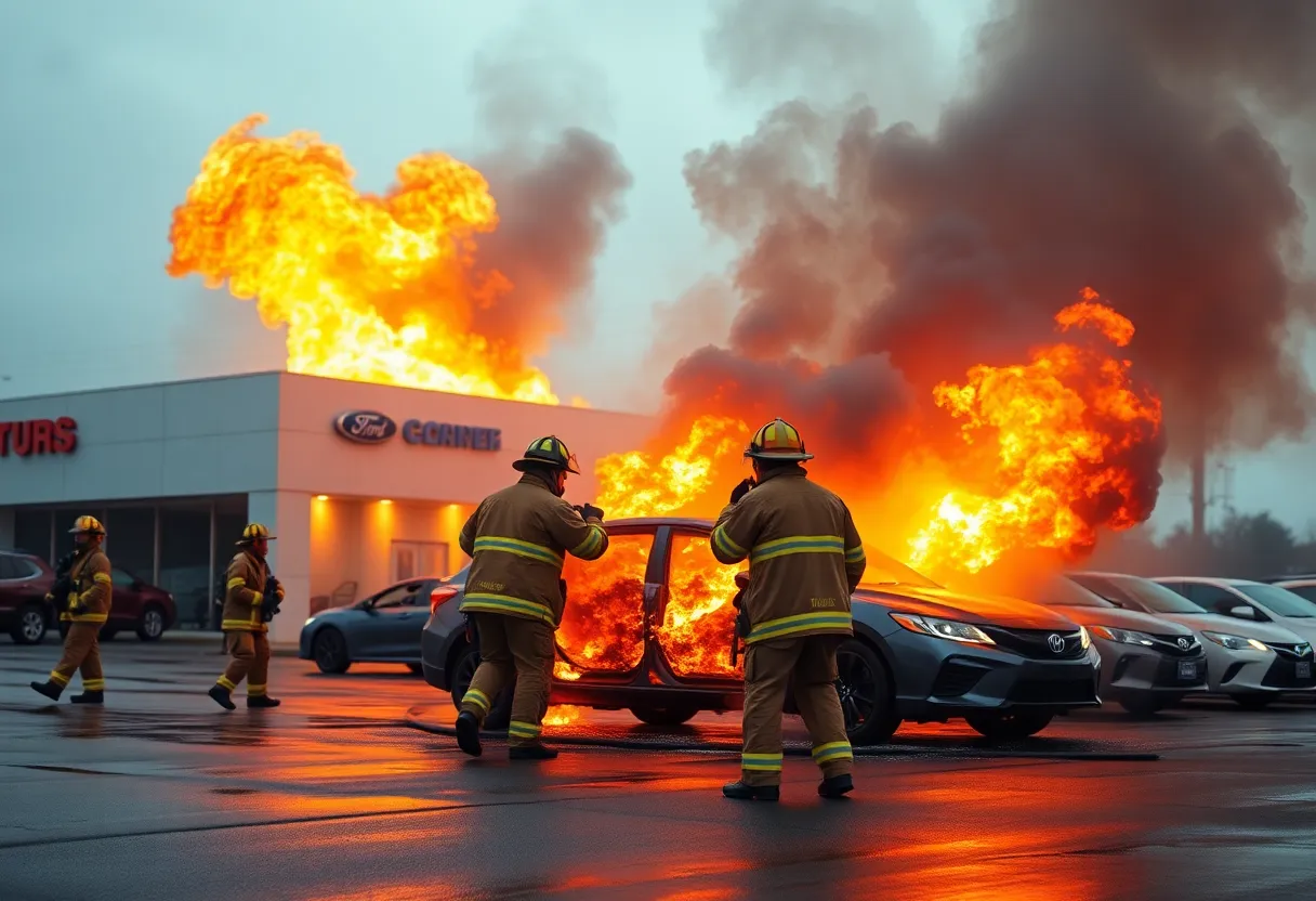 Firefighters controlling a vehicle fire at the AutoNation Volkswagen dealership