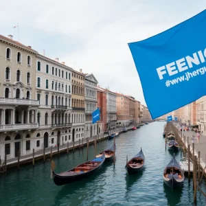 Submit Obituary Canals of Venice with protest banners in the background.