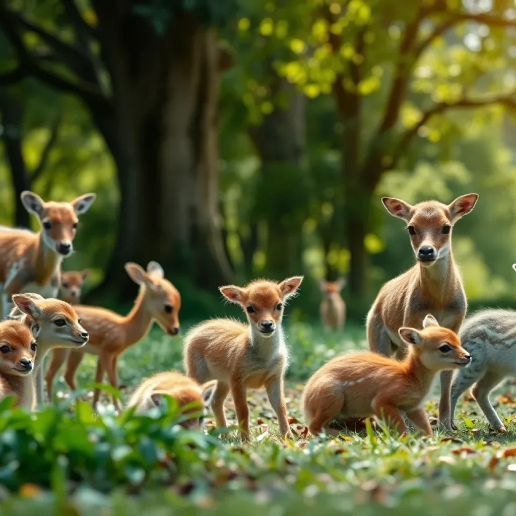 A peaceful scene of wild baby animals in a natural setting, showcasing coexistence with nature.
