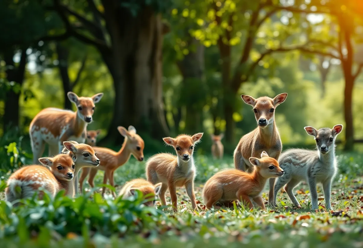 A peaceful scene of wild baby animals in a natural setting, showcasing coexistence with nature.