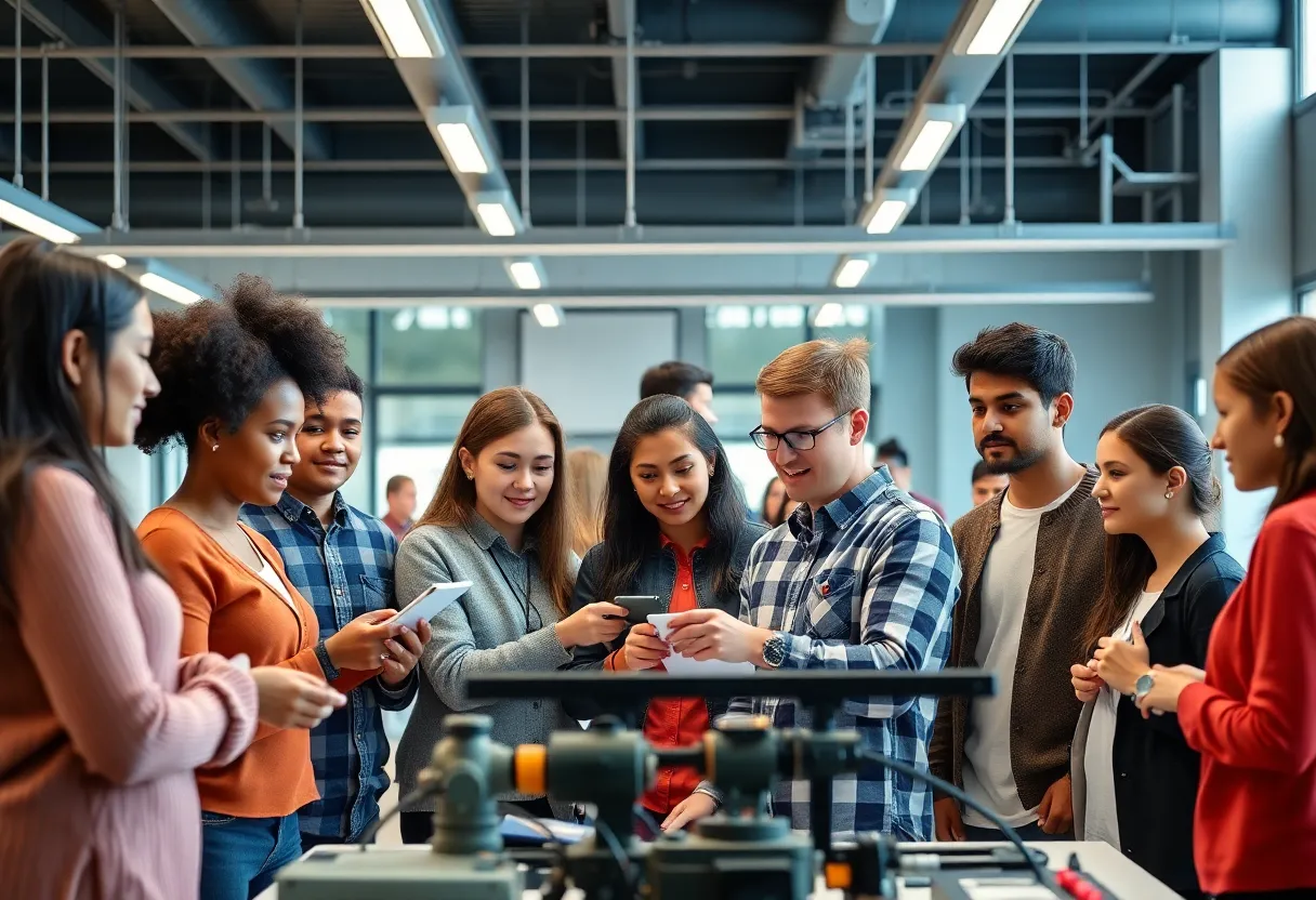 Adults and youth participating in technical training at an educational facility.