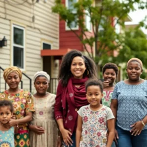 Families in front of affordable housing units in Georgia