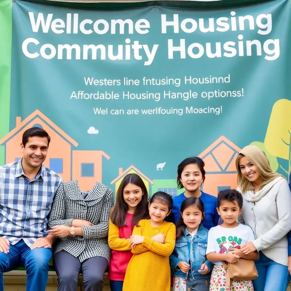 Families in front of affordable housing units in Savannah