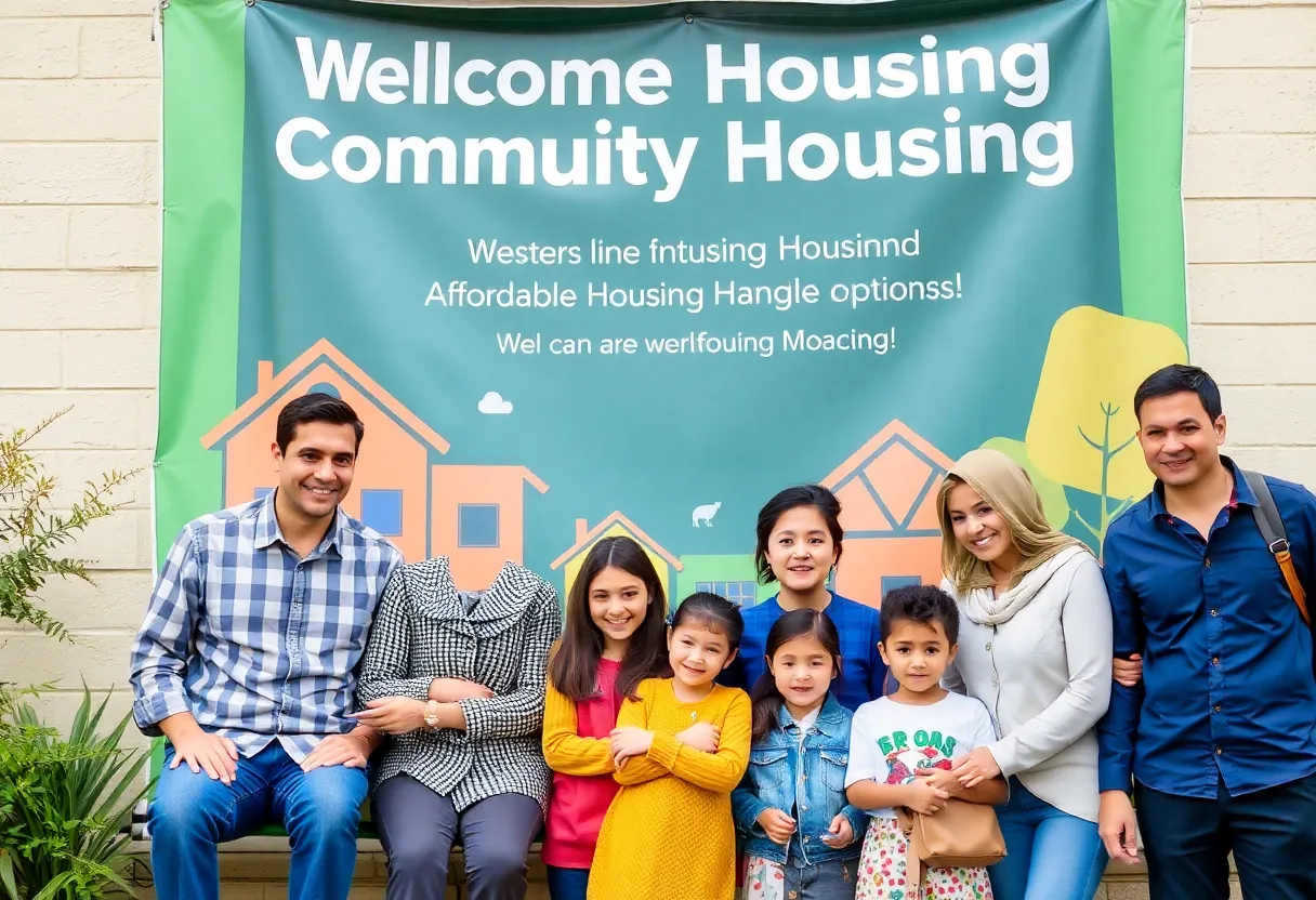 Families in front of affordable housing units in Savannah