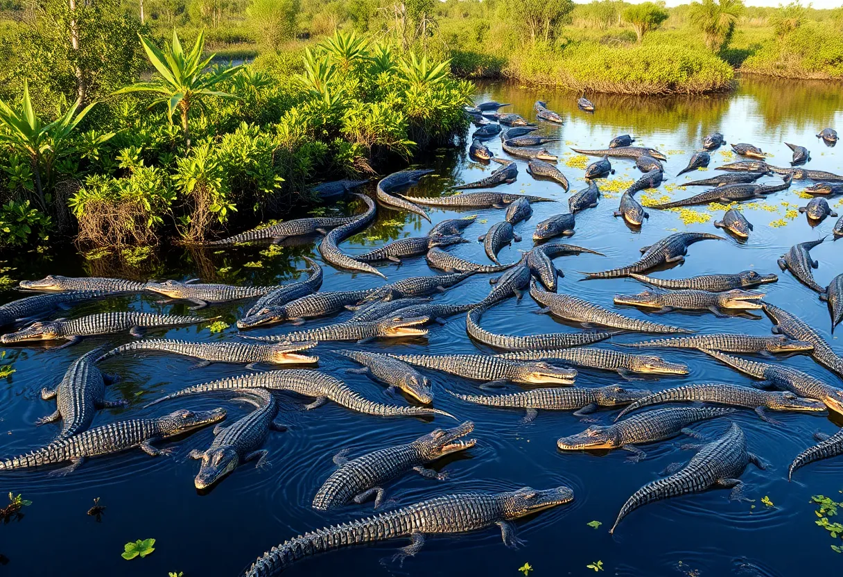 A large congregation of alligators in a swamp